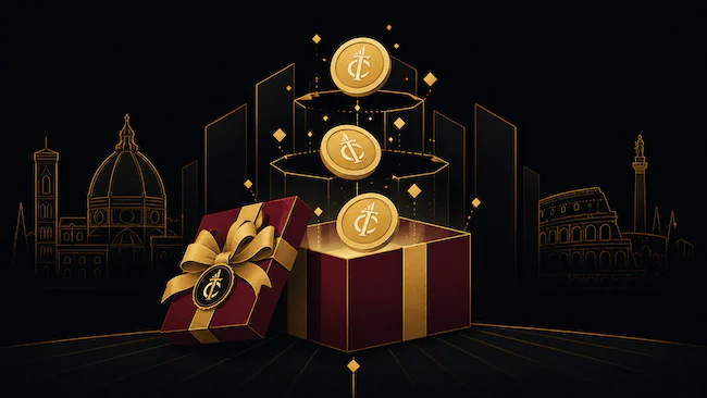Bonus di Crazy Tower Casino con pacco regalo, monete dorate e riferimenti all’Italia.