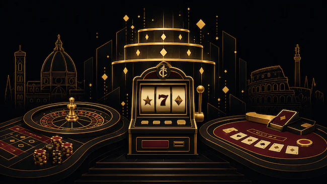 Selezione di giochi di Crazy Tower Casino con slot machine, roulette, carte e fiches.