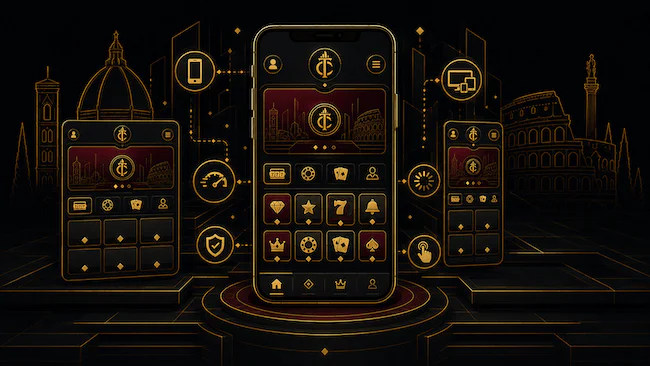 Interfaccia mobile di Crazy Tower Casino su smartphone con giochi, menu e accesso da diversi dispositivi.