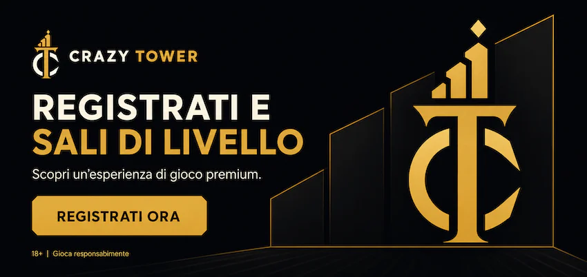 Banner di Crazy Tower Casino Italia con invito alla registrazione e accesso all’esperienza di gioco online.
