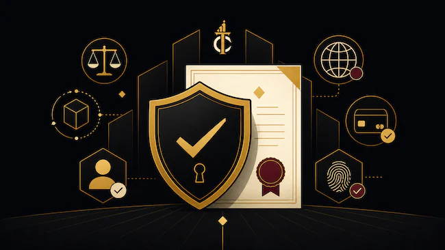 Illustrazione sulla sicurezza di Crazy Tower Casino con scudo, verifica, licenza e protezione dei dati.